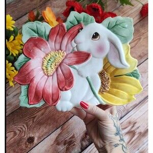 Vintage Ceramic Handpainted Floral Bunny Rabbit Plate by Fitz and Floyd Flowers